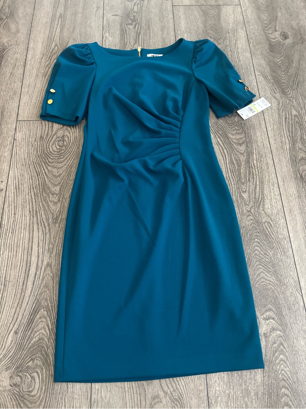 DKNY Elegant Teal Sheath Dress with Gold Button Accents